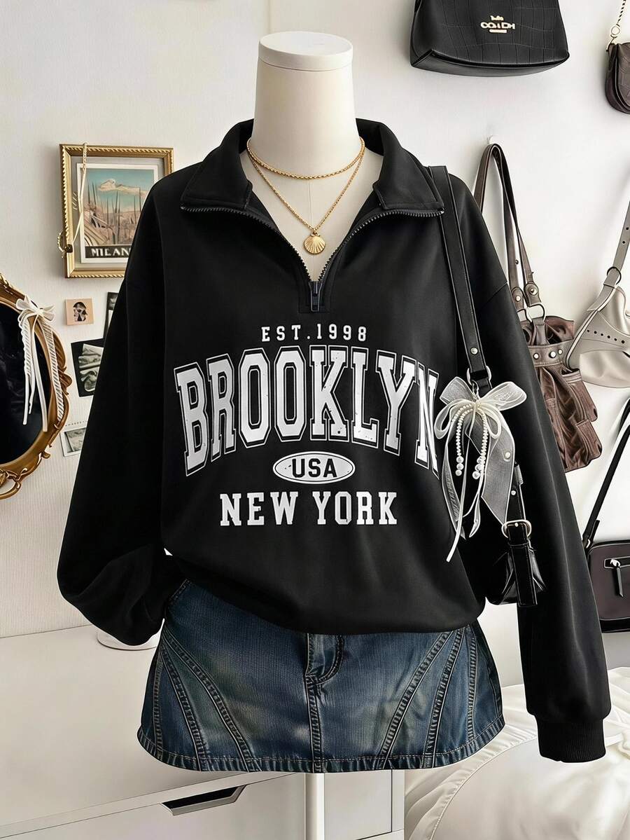 Tween Girls Letter Print Half Zip Sweatshirt Preppy Black Drop Shoulder Quarter Zip Pullover Top - Black - View 1