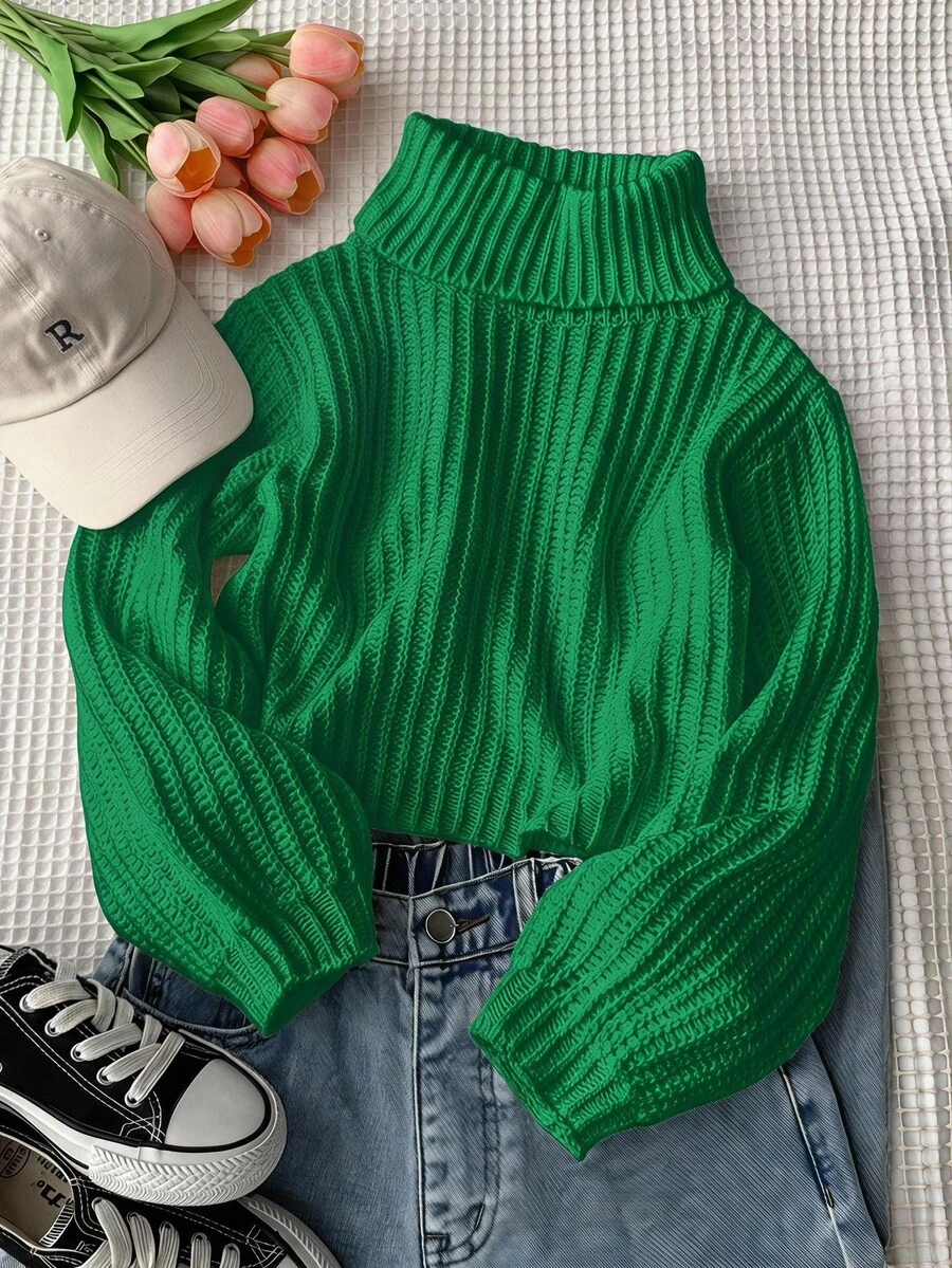 SHEIN 青少年女孩純色祖母綠高領長袖套頭麻花編織毛衣 秋季休閒基礎款 校園返校度假校外穿搭 - 綠色 - 查看 1
