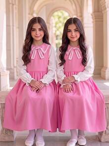 SHEIN Tween Girl Fall Dresses Fall Colorblock Patchwork 2 In 1 Dress, Holiday Outfits, Casual, Comfortable, Daily - Pink - View 1