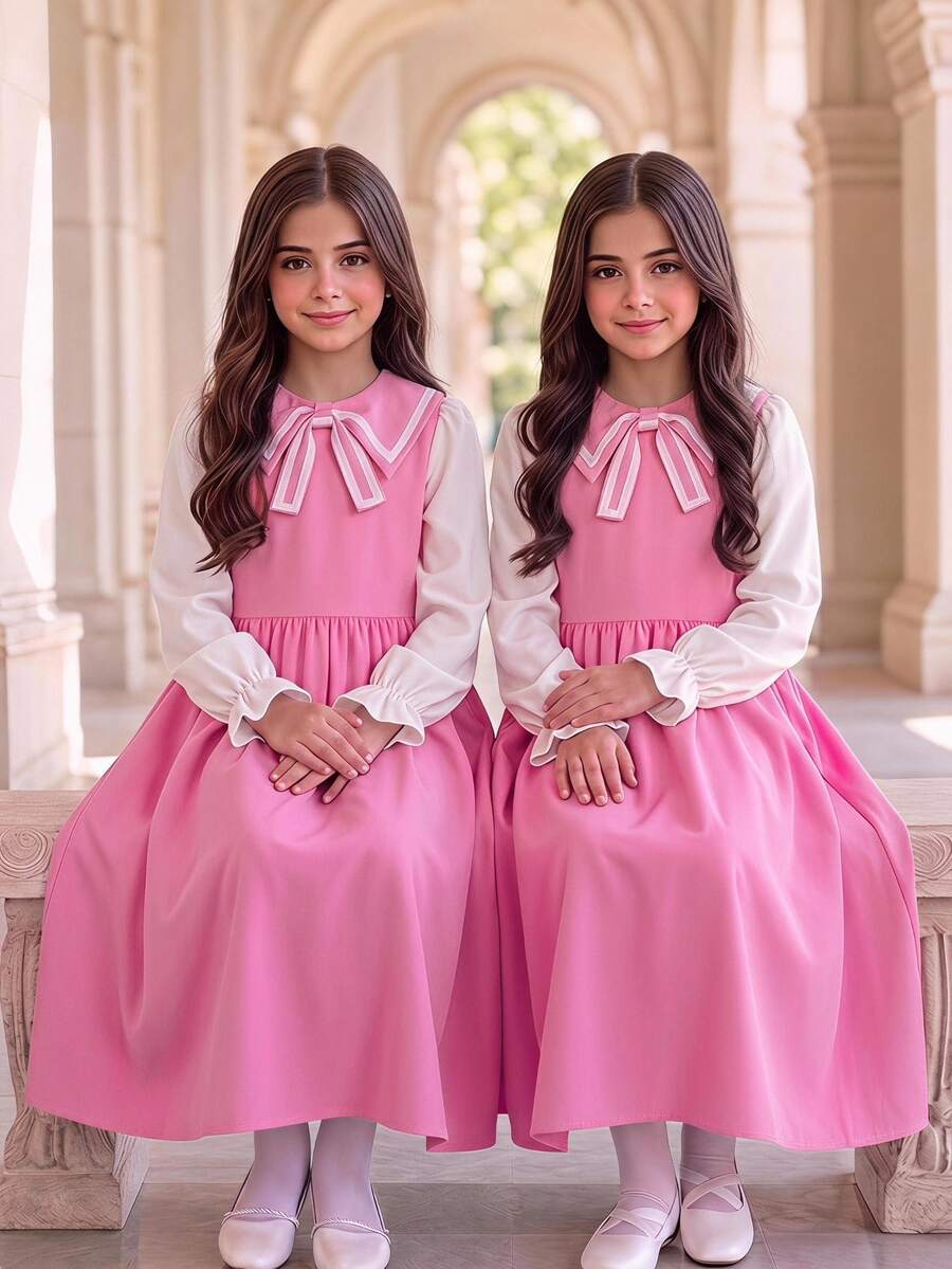 SHEIN Tween Girl Fall Dresses Fall Colorblock Patchwork 2 In 1 Dress, Holiday Outfits, Casual, Comfortable, Daily - Pink - View 1