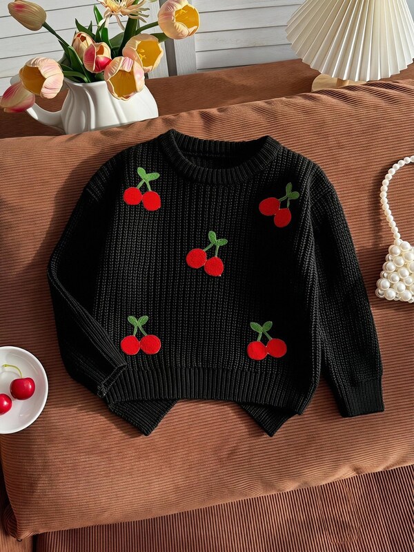 Young Girls Casual And Cute Pink Knitted Long-Sleeved Sweater With Cherry Embroidery Patterns Is Soft And Comfortable. It Is, Traveling, Vacation