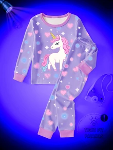 女童 2 件式修身居家服套裝，獨角獸發光印花長袖睡衣，嬰兒紫秋季仙女之夜螢光貼布繡生日款 - 紫色 - 查看 5