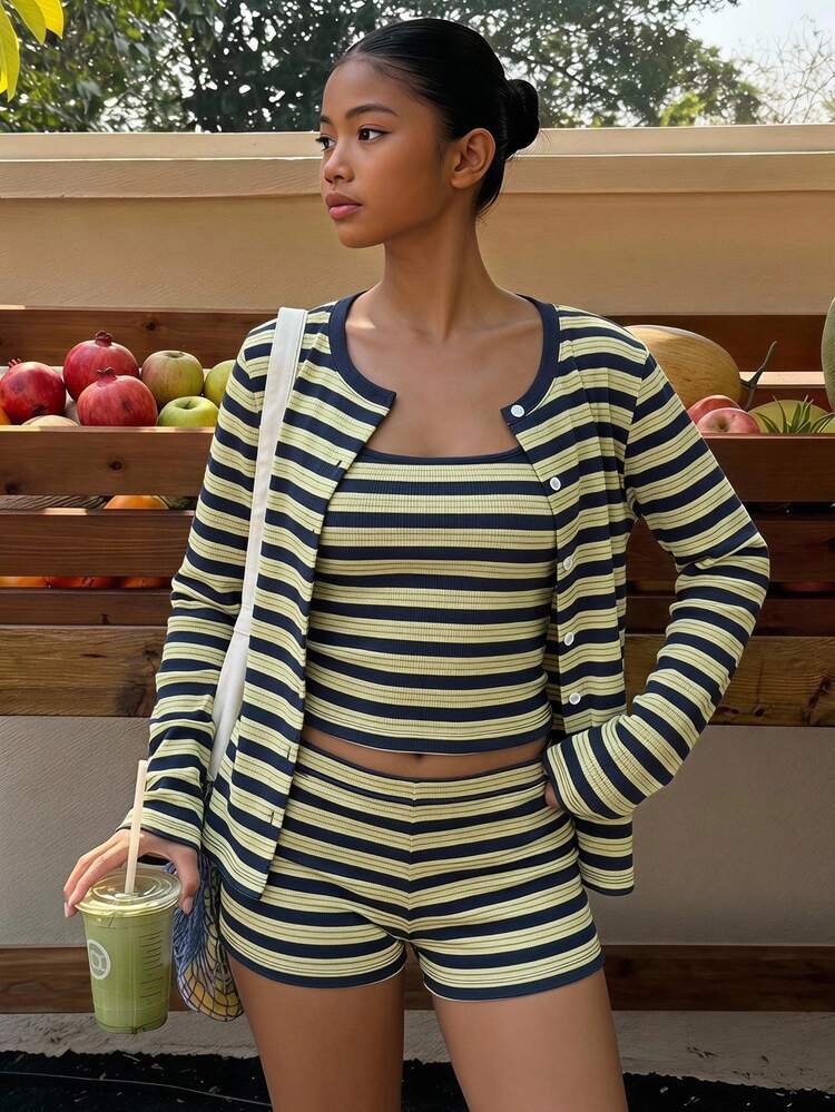 Girls (Big) Casual All-Match Versatile Seasonal Transition Outfit Open Front Cardigan, Fitted Tank Top And Loose Shorts Yellow Striped 3 PiecesSet - Multicolor - View 1