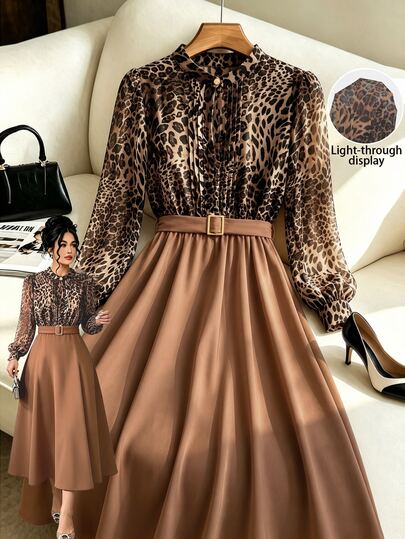 GlowEve CURVE Vestido de talla grande para mujer con estampado de leopardo, gasa con patchwork plisado de largo medio, diseño de cintura ceñida, adecuado para ir al trabajo, uso diario, citas, fiestas, nuevo vestido de estampado de leopardo para otoño