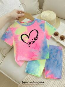 Cozy Pixies طقم من قطعتين للفتيات الصغيرات، تي شيرت بأكمام قصيرة وشورت بنمط قلب بسيط، مناسب للصيف - متعدد الألوان - مشاهدة 1