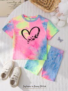 Cozy Pixies طقم من قطعتين للفتيات الصغيرات، تي شيرت بأكمام قصيرة وشورت بنمط قلب بسيط، مناسب للصيف - متعدد الألوان - مشاهدة 3