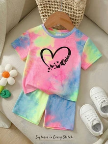 Cozy Pixies طقم من قطعتين للفتيات الصغيرات، تي شيرت بأكمام قصيرة وشورت بنمط قلب بسيط، مناسب للصيف - متعدد الألوان - مشاهدة 6
