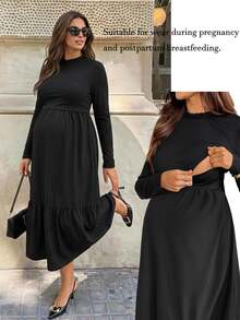 SHEIN Nursing Long Sleeve Ruffle Hem Dress Fall - Black - View 1