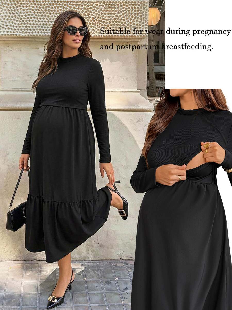 SHEIN Nursing Long Sleeve Ruffle Hem Dress Fall - Black - View 1