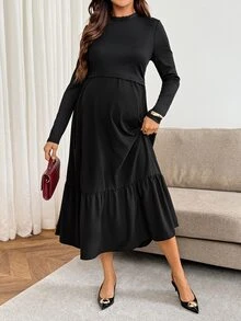 SHEIN Nursing Long Sleeve Ruffle Hem Dress Fall - Black - View 7