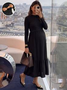 SHEIN Nursing Long Sleeve Ruffle Hem Dress Fall - Black - View 11