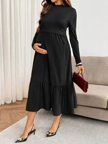 SHEIN Nursing Long Sleeve Ruffle Hem Dress Fall - Black - View 10