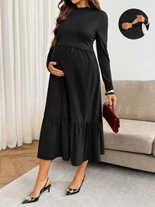 SHEIN Nursing Long Sleeve Ruffle Hem Dress Fall - Black - View 4