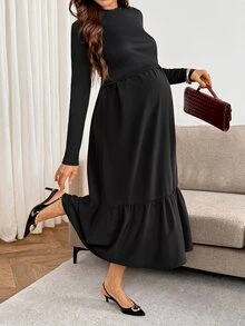 SHEIN Nursing Long Sleeve Ruffle Hem Dress Fall - Black - View 3