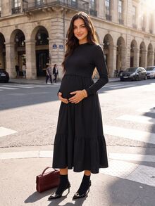 SHEIN Nursing Long Sleeve Ruffle Hem Dress Fall - Black - View 9