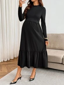 SHEIN Nursing Long Sleeve Ruffle Hem Dress Fall - Black - View 8