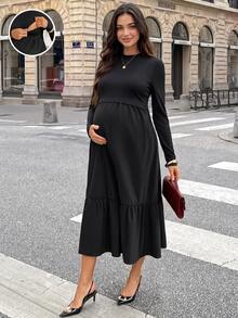 SHEIN Nursing Long Sleeve Ruffle Hem Dress Fall - Black - View 2