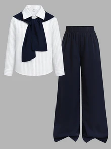 SHEIN Teen Girl Striped Sailor Collar Long Sleeve Shirt And Pants Casual Daily Outfit - Multicolor - View 2