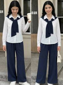 SHEIN Teen Girl Striped Sailor Collar Long Sleeve Shirt And Pants Casual Daily Outfit - Multicolor - View 3