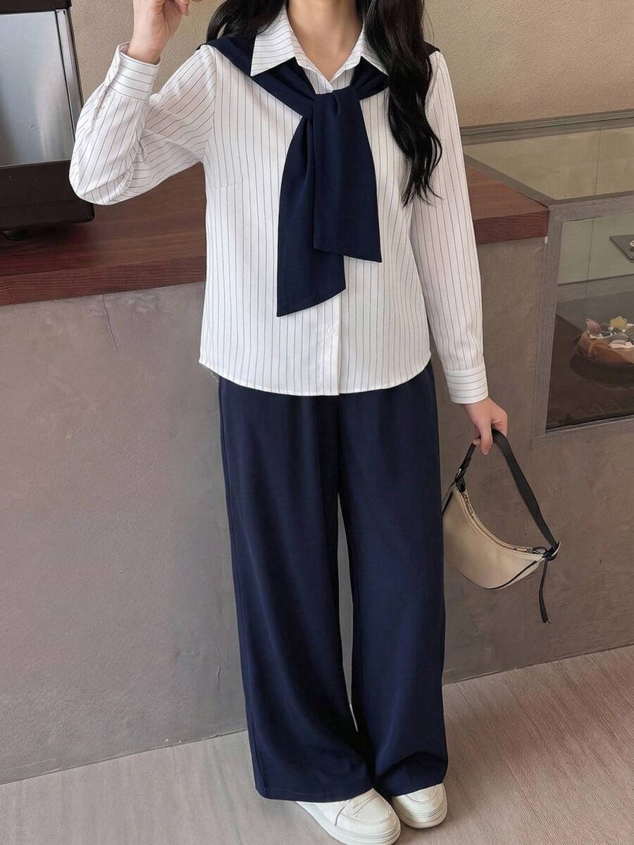 SHEIN Teen Girl Striped Sailor Collar Long Sleeve Shirt And Pants Casual Daily Outfit - Multicolor - View 1