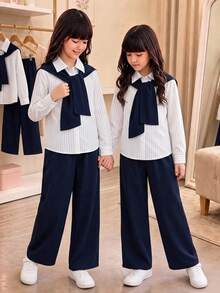 SHEIN Teen Girl Striped Sailor Collar Long Sleeve Shirt And Pants Casual Daily Outfit - Multicolor - View 6