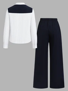 SHEIN Teen Girl Striped Sailor Collar Long Sleeve Shirt And Pants Casual Daily Outfit - Multicolor - View 4