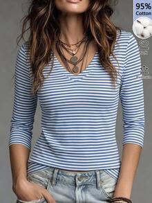 T-shirt col V imprimé rayures - Multicolore - Voir 1