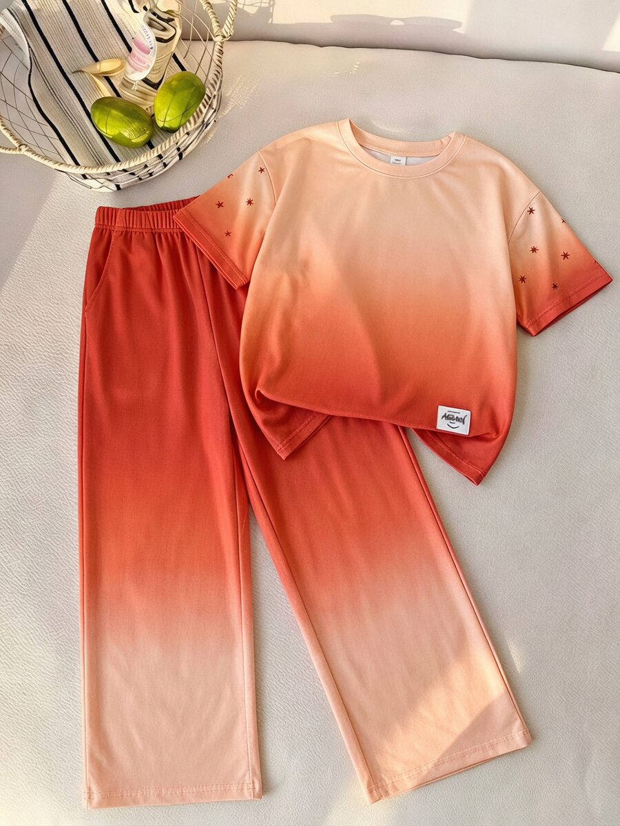 SHEIN 青少年女孩寬鬆大號T恤與寬腿褲套裝,漸層橘色至粉色,圓領寬鬆T恤,鬆緊腰寬腿褲,休閒風 - 珊瑚橙 - 查看 1