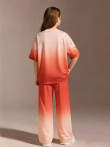 SHEIN 青少年女孩寬鬆大號T恤與寬腿褲套裝，漸層橘色至粉色，圓領寬鬆T恤，鬆緊腰寬腿褲，休閒風 - 珊瑚橙 - 查看 7
