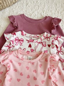 SHEIN LMoss Kids Set Baju dan Celana Panjang Bayi Perempuan Rajut Warna Polos Motif Hati dan Pita, Kerah Bulat, Trim Ruffle, 6 Potong - Sunrise, Dusty Pink, Light Pink, Autumn Cute - MultiWarna - View 3