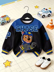 SHEIN | PAW Patrol 小男孩拼色拼接卡通小狗字母印花圓領運動衫，春秋休閒款 - 藍色 - 查看 1