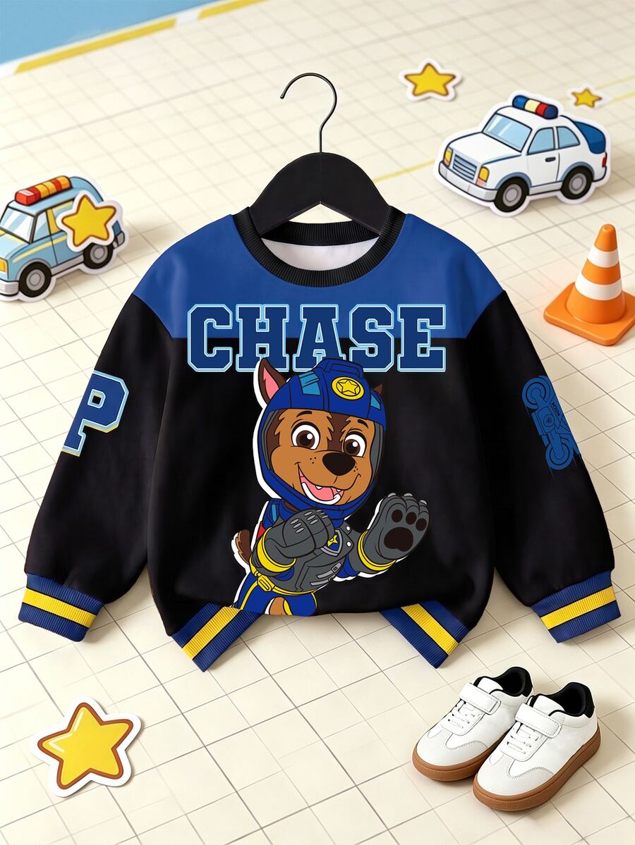 SHEIN | PAW Patrol 小男孩拼色拼接卡通小狗字母印花圓領運動衫,春秋休閒款 - 藍色 - 查看 1