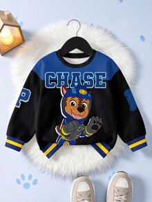 SHEIN | PAW Patrol 小男孩拼色拼接卡通小狗字母印花圓領運動衫，春秋休閒款 - 藍色 - 查看 7