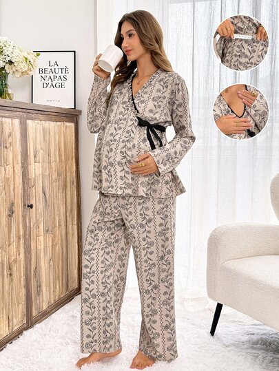 Slowluna Maternity All-Over Print Nursing Top And Adjustable Waist Long Pants Casual Daily 2 Pieces Set Lingerie Lingerie Set Underwear Women Pajama Pajama Dre