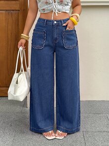 Rivivi 夏季新款休閒高腰寬鬆大尺碼牛仔褲 - 藍色 - 查看 6