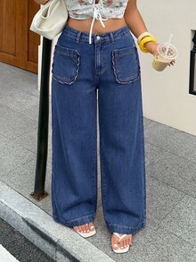 Rivivi 夏季新款休閒高腰寬鬆大尺碼牛仔褲 - 藍色 - 查看 3