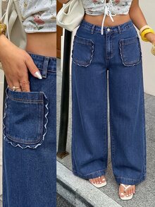 Rivivi 夏季新款休閒高腰寬鬆大尺碼牛仔褲 - 藍色 - 查看 1