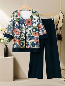 Lacomfia 秋季復古花卉混紡拼接 3/4 袖寬鬆休閒日常極簡大尺碼女款兩件套 - 彩色 - 查看 3