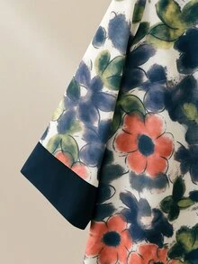 Lacomfia 秋季復古花卉混紡拼接 3/4 袖寬鬆休閒日常極簡大尺碼女款兩件套 - 彩色 - 查看 6