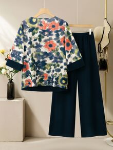 Lacomfia 秋季復古花卉混紡拼接 3/4 袖寬鬆休閒日常極簡大尺碼女款兩件套 - 彩色 - 查看 2