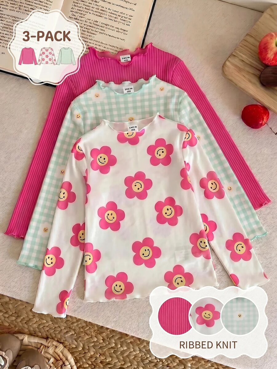 LMoss Kids Baby Girl 3pcs Knitted Cute Solid Color Floral Pattern Ruffle Collar Casual Winter Top Set,6 Items, 3 Random Pieces - Multicolor - View 1