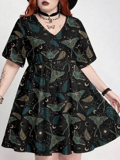 Robe gothique mystérieuse à col en V, grande taille, avec broderie papillon hippie sombre, soleil, lune et étoiles, style punk sombre pour fille sexy