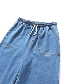 SHEIN Explorewe 青少年男孩復古寬鬆學院風休閒版型鬆緊腰水洗深藍色錐腳牛仔褲 夏季 - 中等水洗藍 - 查看 5