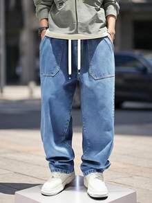 SHEIN Explorewe 青少年男孩復古寬鬆學院風休閒版型鬆緊腰水洗深藍色錐腳牛仔褲 夏季 - 中等水洗藍 - 查看 2