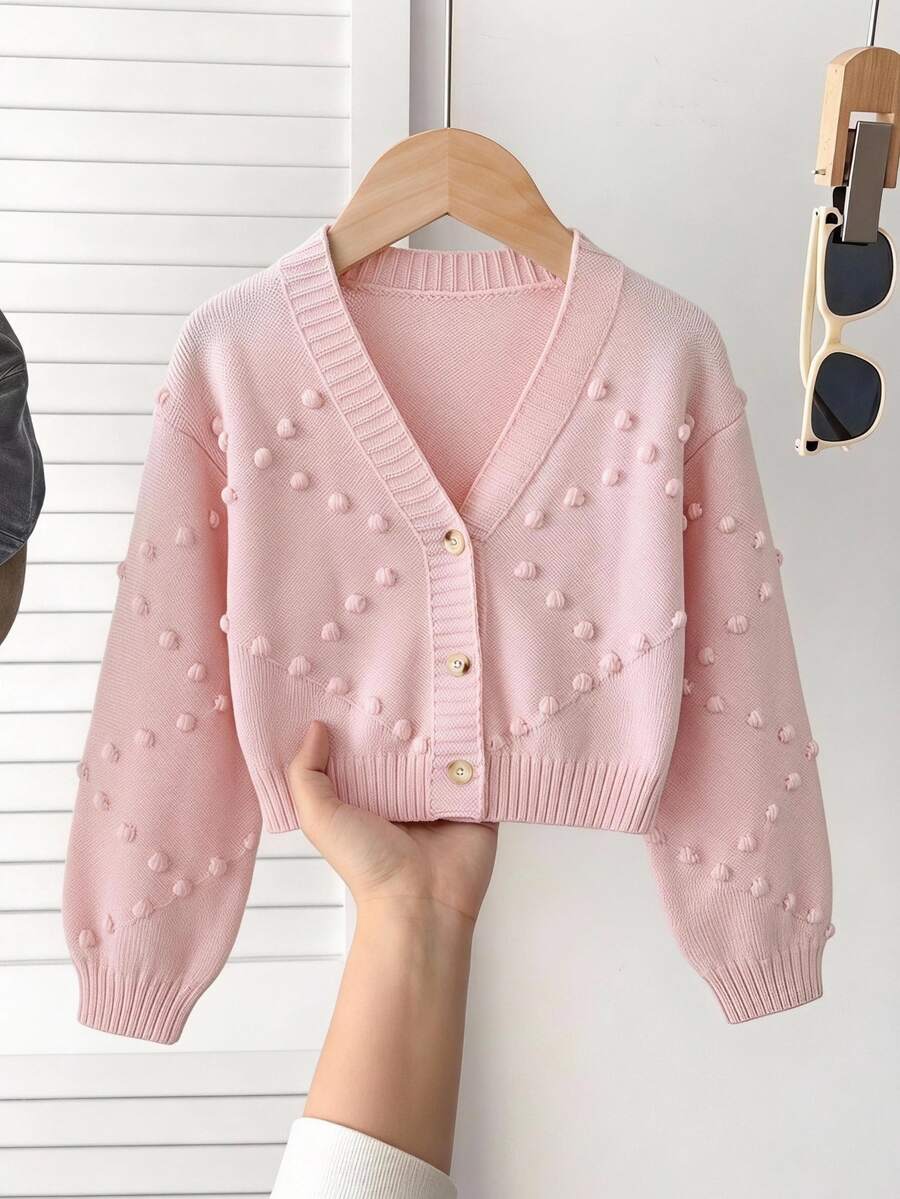 SHEIN Vintaside Kids 女童秋冬時尚極簡特製針織長袖開襟毛衣 - 粉色 - 查看 1