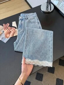 EMERY ROSE EMERY ROSE Women's Lace Trim Straight Leg Jeans,Summer,World Cup,Independence Day,Beach,Elegant,Vacation,Country,Lace Patchwork Jeans,Lace Trim Jeans - Blue - View 5