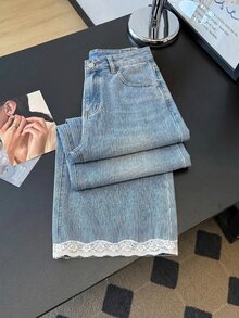 EMERY ROSE EMERY ROSE Women's Lace Trim Straight Leg Jeans,Summer,World Cup,Independence Day,Beach,Elegant,Vacation,Country,Lace Patchwork Jeans,Lace Trim Jeans - Blue - View 2