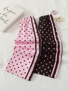 SHEIN 女童雙色波點長褲，粉色底深棕波點與深棕底粉色波點，兩色可選，側邊對比條紋，適合日常上學、拜訪親友、郊外出遊、姐妹聚會等，春秋穿著，時尚吸睛 - 彩色 - 查看 4