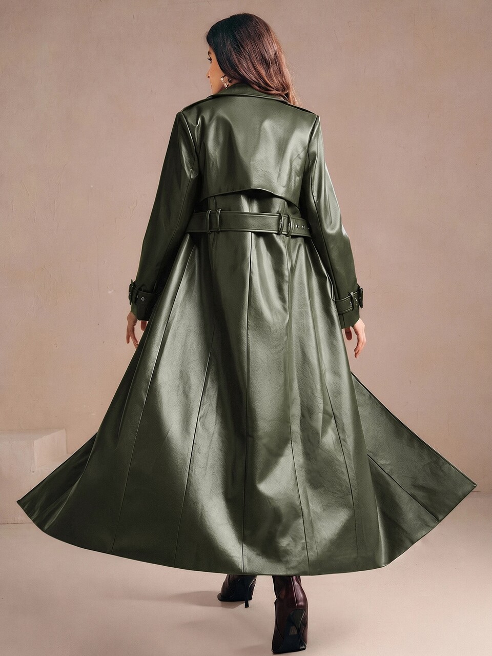 Women's Winter Modern Fashion Solid Color PU Leather Premium Large Lapel Loose Waist Belt Christmas New Year Outing Long Leather Coat