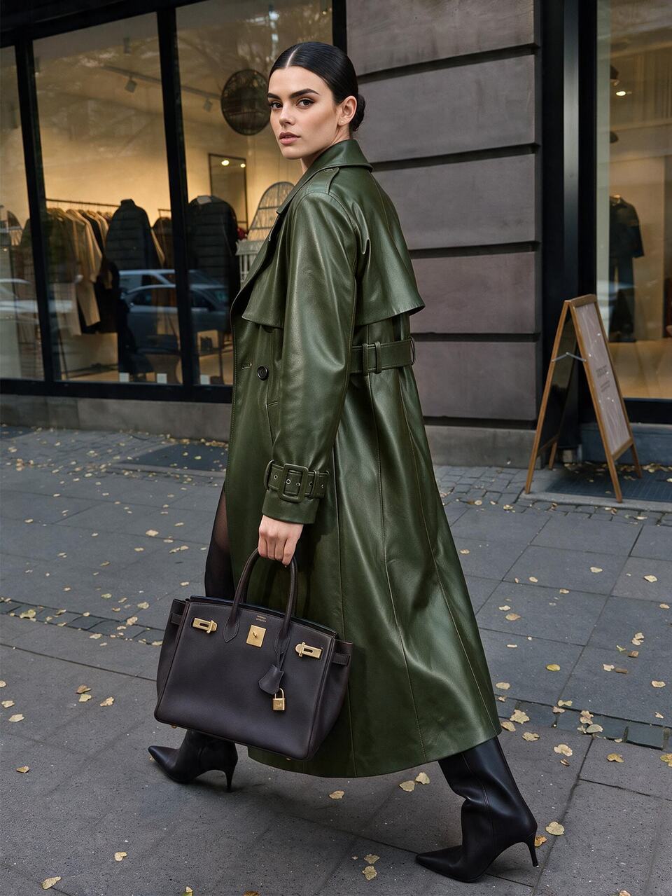 Women's Winter Modern Fashion Solid Color PU Leather Premium Large Lapel Loose Waist Belt Christmas New Year Outing Long Leather Coat